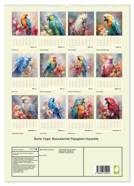 Produktbild: Bunte V&ouml;gel. Bezaubernde Papageien-Aquarelle (hochwertiger Premium Wandkalender 2026 DIN A2 hoch), Kunstdruck in Hochglanz