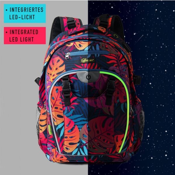 Produktbild: Wheel Bee 950029 - Rucksack Generation Z, Monstera, mit integriertem LED, Schul-, Freizeit- und Sportrucksack