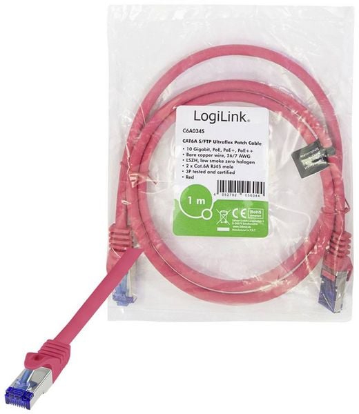 Produktbild: LogiLink C6A034S RJ45 CAT 6a S/FTP 1.00m Rot 1St.