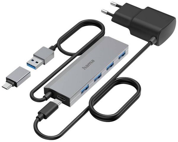Produktbild: hama 00200138 USB-Hub, 4 Ports, USB 3.2 Gen1, 5 Gbit/s, inkl. USB-C-Adapter und Netzteil