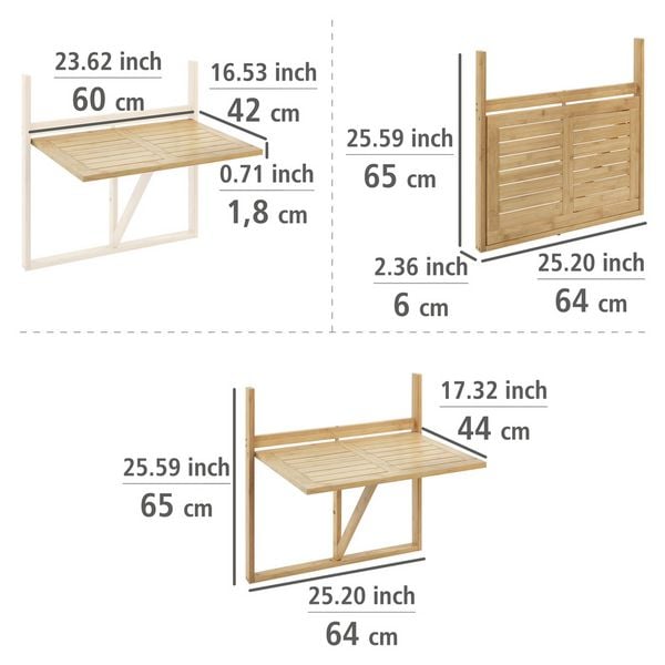 Produktbild: Bambus Balkon-Klapptisch Mod. Waikiki, zum Einh&auml;ngen an Balkongel&auml;nder