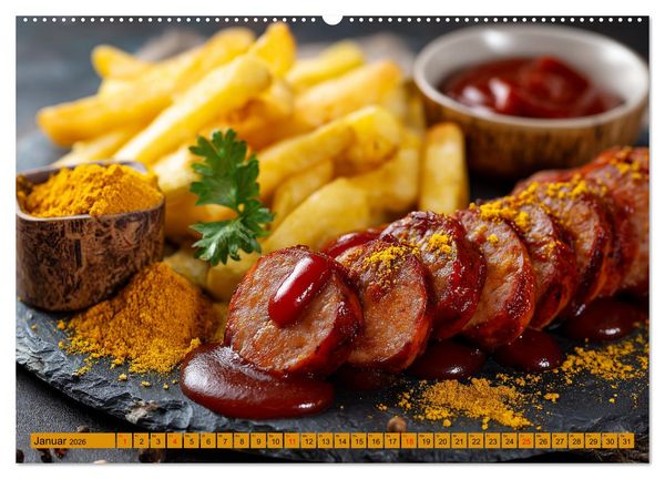 Produktbild: Currywurst Kalender - Das Berliner Kultgericht f&uuml;r Fleischliebhaber (hochwertiger Premium Wandkalender 2026 DIN A2 quer), Kunstdruck in Hochglanz