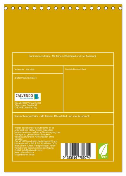 Produktbild: Kaninchenportraits - Mit feinem Blickdetail und viel Ausdruck (Tischkalender 2027 DIN A5 hoch), CALVENDO Monatskalender