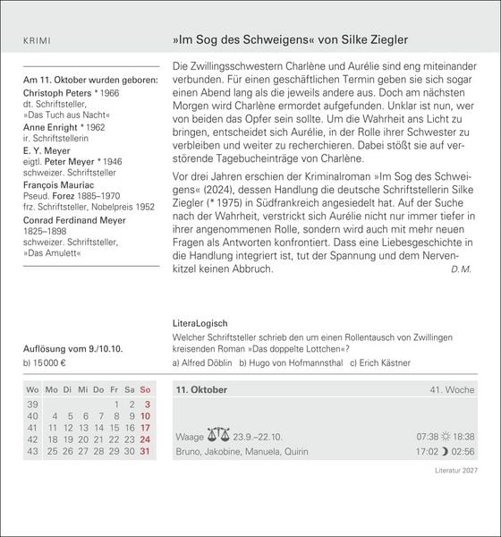 Produktbild: Literatur Tagesabrei&szlig;kalender 2027 - Kulturkalender - Autoren, Werke, H&ouml;rb&uuml;cher