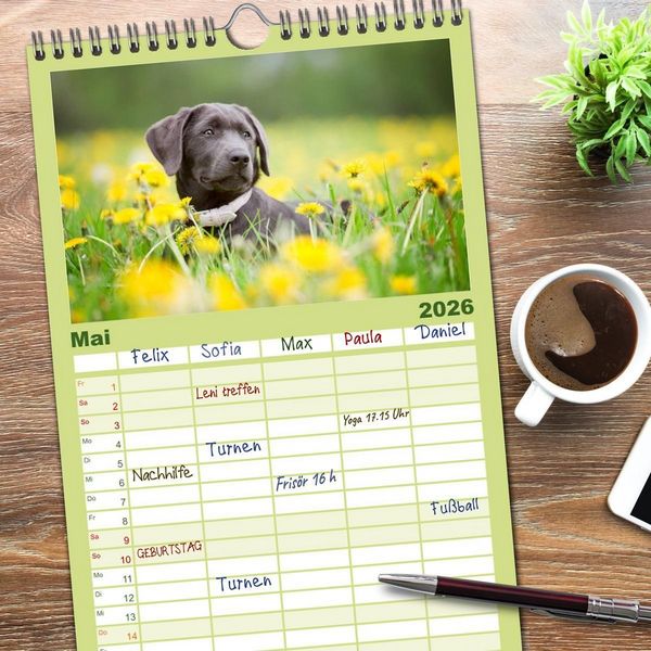 Produktbild: Familienplaner 2026 - Labrador Retriever mit 5 Spalten (Wandkalender, 21 x 45 cm) CALVENDO