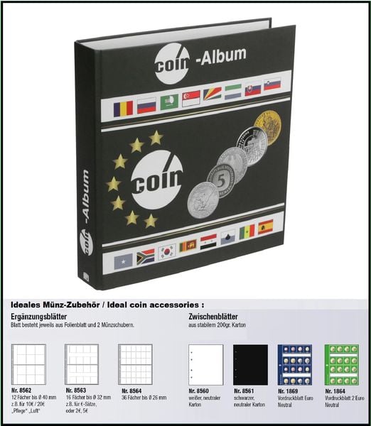 Produktbild: M&uuml;nzenalbum f&uuml;r M&uuml;nzen aus aller Welt f&uuml;r verschiedene M&uuml;nzengr&ouml;ssen. Leerordner ohne Inhalt