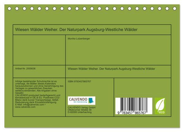 Produktbild: Wiesen W&auml;lder Weiher. Der Naturpark Augsburg-Westliche W&auml;lder (Tischkalender 2026 DIN A5 quer), CALVENDO Monatskalender