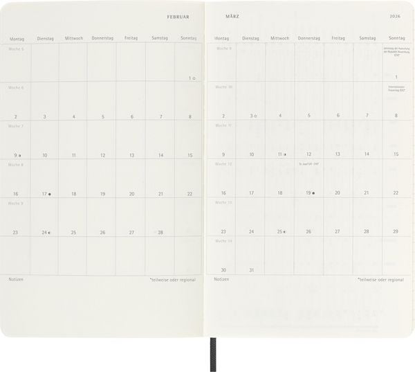 Moleskine 12 Monate Wochen Notizkalender Deutsch 2026, Large/A5, 1 Wo = 1 Seite, rechts linierte Seite, Weicher Einband, Schwarz