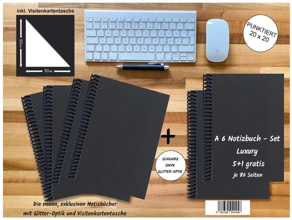 Produktbild: A 6 Notizbuch - Set, 5+1 gratis, Luxury 80 Seiten SCHWARZ ONYX GLITTER-OPTIK, punktiert 20x20mm