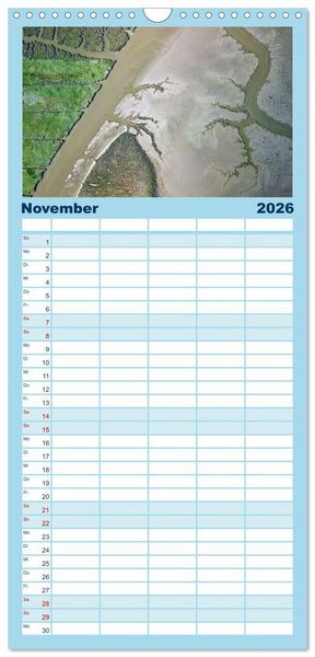 Produktbild: Familienplaner 2026 - neunziggrad I photoart: das wattenmeer von oben mit 5 Spalten (Wandkalender, 21 x 45 cm) CALVENDO
