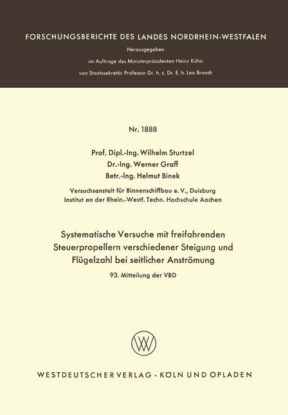 Produktbild: Systematische Versuche mit freifahrenden Steuerpropellern verschiedener Steigung und Fl&uuml;gelzahl bei seitlicher Str&ouml;mung