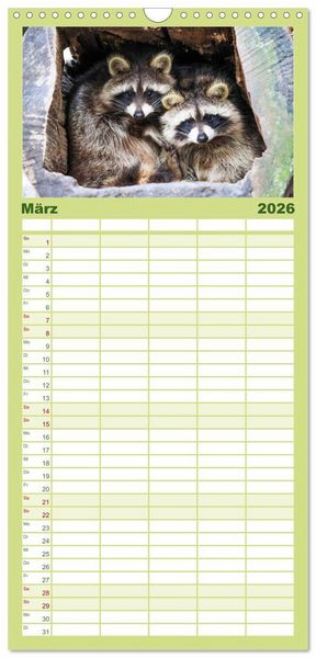 Produktbild: Familienplaner 2026 - Tierkalender 2026 mit 5 Spalten (Wandkalender, 21 x 45 cm) CALVENDO