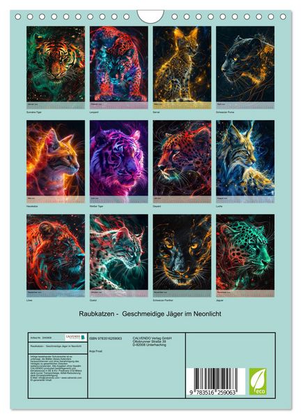 Produktbild: Raubkatzen - Geschmeidige J&auml;ger im Neonlicht (Wandkalender 2026 DIN A4 hoch), CALVENDO Monatskalender