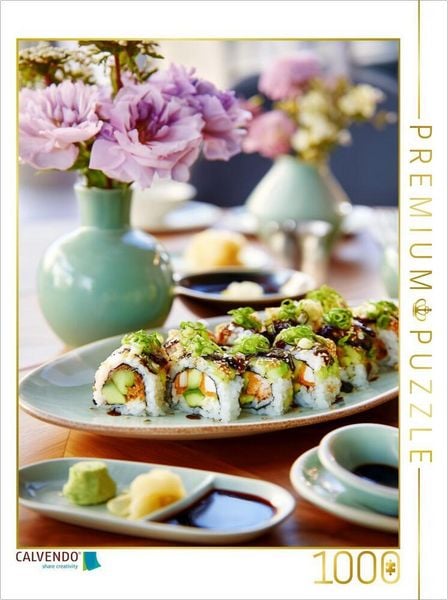 CALVENDO Puzzle California Roll Sushi Bild mit Blumenarrangement | 1000 Teile Lege-Größe 64x48cm Foto-Puzzle für glückliche Stunden