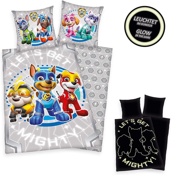 Herding 4432416050 - Young Collection, Paw Patrol, Glow in the dark, Bettwäsche-Set, Cotton, grau, 80 x 80 cm, 135 x 200 cm