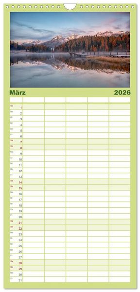 Produktbild: Familienplaner 2026 - Bergstille - Landschaften, die ber&uuml;hren mit 5 Spalten (Wandkalender, 21 x 45 cm) CALVENDO