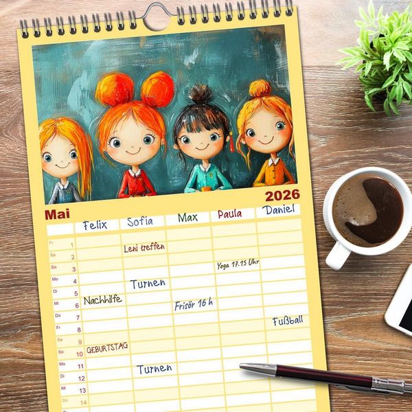 Produktbild: Familienplaner 2026 - Fr&ouml;hliche Kinder. Bezaubernde Schulm&auml;dchen im &Ouml;lbilder-Stil mit 5 Spalten (Wandkalender, 21 x 45 cm) CALVENDO