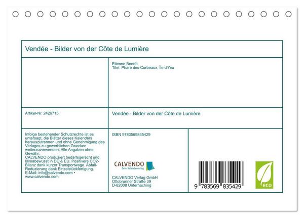 Produktbild: Vend&eacute;e - Bilder von der C&ocirc;te de Lumi&egrave;re (Tischkalender 2027 DIN A5 quer), CALVENDO Monatskalender