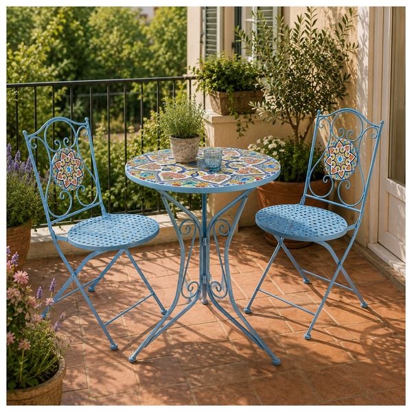 Produktbild: HTI-Living Bistro Sitzgruppe Metall blau Tisch mit 2 St&uuml;hlen Balkon Set Gartenm&ouml;bel Mosaik
