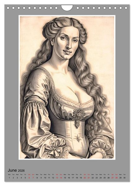 Produktbild: Baroque Beauties, Pencil Art with Artificial Intelligence (Wall Calendar 2026 DIN A4 portrait), CALVENDO 12 Month Wall Calendar
