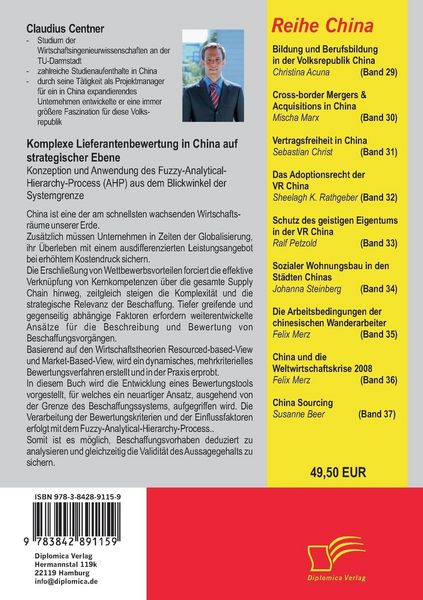 Produktbild: Komplexe Lieferantenbewertung in China auf strategischer Ebene: Konzeption und Anwendung des Fuzzy-Analytical-Hierarchy-Process (AHP) aus dem Blickwinkel der Systemgrenze