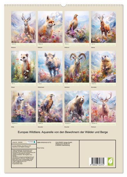 Produktbild: Europas Wildtiere. Aquarelle von den Bewohnern der W&auml;lder und Berge (hochwertiger Premium Wandkalender 2026 DIN A2 hoch), Kunstdruck in Hochglanz
