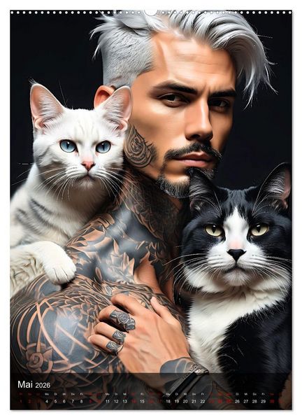 Produktbild: Verschmuste Kerle - Muskeln, Tattoos und Miezekatzen (hochwertiger Premium Wandkalender 2026 DIN A2 hoch), Kunstdruck in Hochglanz