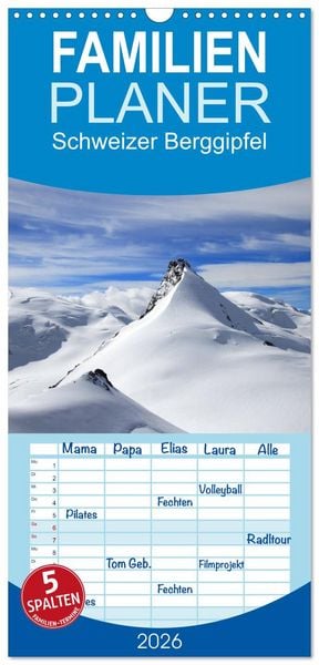 Produktbild: Familienplaner 2026 - Schweizer Berggipfel mit 5 Spalten (Wandkalender, 21 x 45 cm) CALVENDO