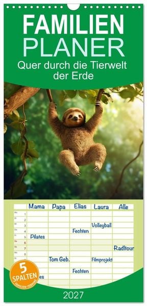 Produktbild: Familienplaner 2027 - Quer durch die Tierwelt der Erde mit 5 Spalten (Wandkalender, 21 x 45 cm) CALVENDO