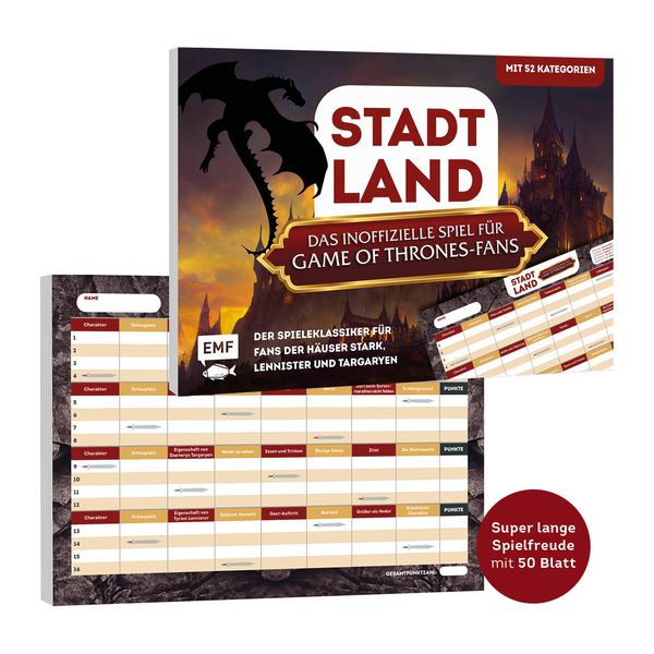 Produktbild: Stadt, Land, das inoffizielle Spiel f&uuml;r Game of Thrones-Fans &ndash; Der Spieleklassiker f&uuml;r Fans der H&auml;user Stark, Lannister und Targaryen