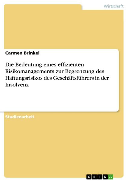 Produktbild: Die Bedeutung eines effizienten Risikomanagements zur Begrenzung des Haftungsrisikos des Gesch&auml;ftsf&uuml;hrers in der Insolvenz
