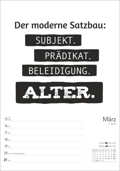 Produktbild: Typo-Spr&uuml;che-Kalender s/w Wochenplaner 2027 - mit 53 witzigen Spr&uuml;chen