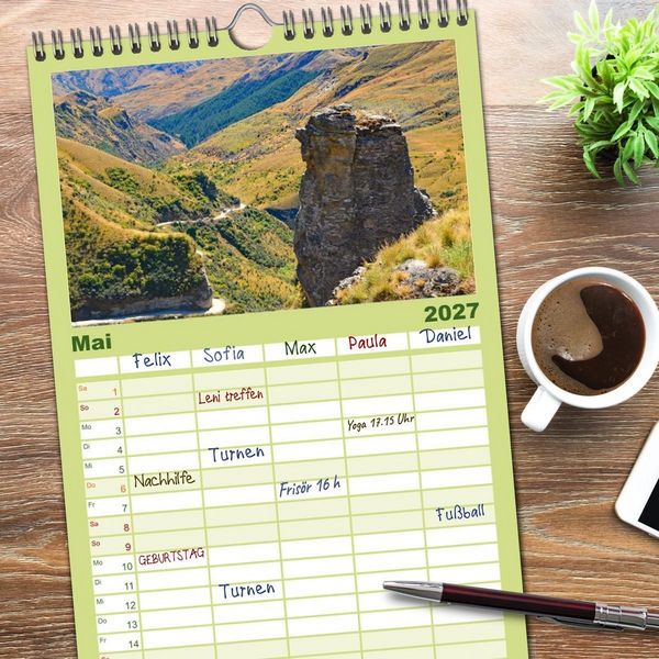 Produktbild: Familienplaner 2027 - Neuseeland - Land der Kontraste mit 5 Spalten (Wandkalender, 21 x 45 cm) CALVENDO