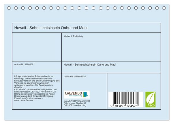 Produktbild: Hawaii - Sehnsuchtsinseln Oahu und Maui (Tischkalender 2026 DIN A5 quer), CALVENDO Monatskalender