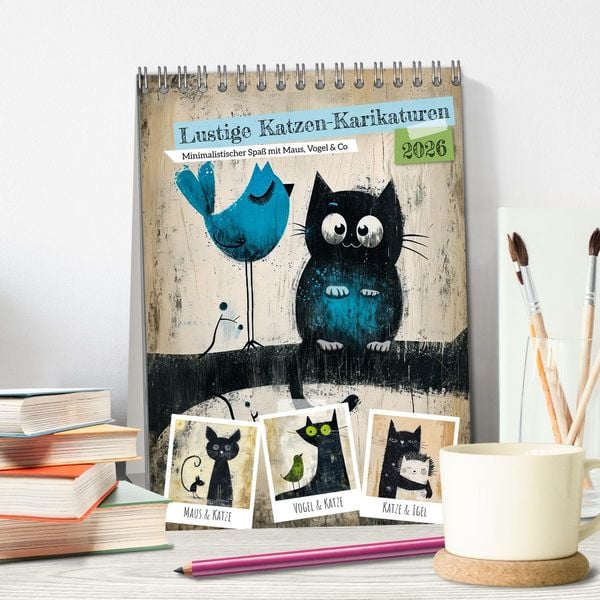 Produktbild: Lustige Katzen-Karikaturen - Minimalistischer Spa&szlig; mit Maus, Vogel und Co (Tischkalender 2026 DIN A5 hoch), CALVENDO Monatskalender