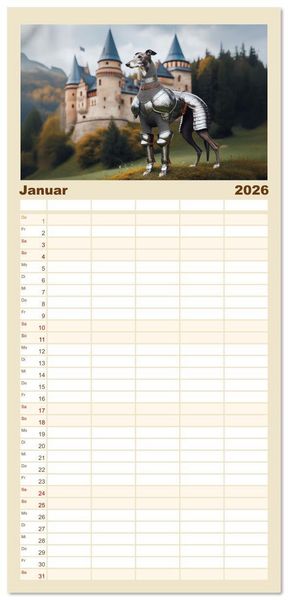 Produktbild: Familienplaner 2026 - Funny Greyhounds - Windhunde mal anders mit 5 Spalten (Wandkalender, 21 x 45 cm) CALVENDO