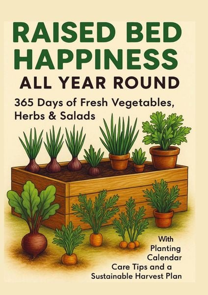 Produktbild: RAISED BED HAPPINESS ALL YEAR ROUND 365 Days of Fresh Vegetables, Herbs & Salads - With Planting Calendar, Care Tips and a Sustainable Harvest Plan