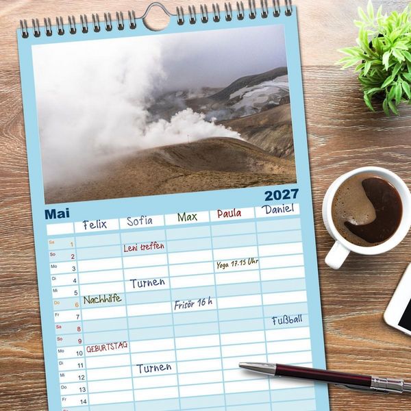Produktbild: Familienplaner 2027 - Island - Gletscher, Wasserf&auml;lle, Hei&szlig;e Quellen mit 5 Spalten (Wandkalender, 21 x 45 cm) CALVENDO