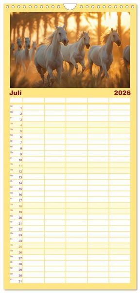 Produktbild: Familienplaner 2026 - Bezaubernde Eleganz wei&szlig;er Pferde mit 5 Spalten (Wandkalender, 21 x 45 cm) CALVENDO