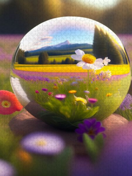 Produktbild: CALVENDO Puzzle Eine bunte Fr&uuml;hlingswiese spiegelt sich in einer Kugel. | 1000 Teile Lege-Gr&ouml;&szlig;e 64x48cm Foto-Puzzle f&uuml;r gl&uuml;ckliche Stunden