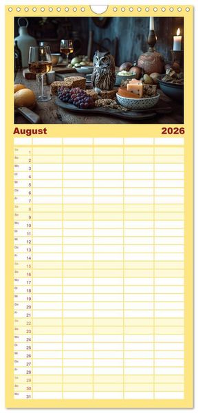 Produktbild: Familienplaner 2026 - Stillleben mit Eule mit 5 Spalten (Wandkalender, 21 x 45 cm) CALVENDO