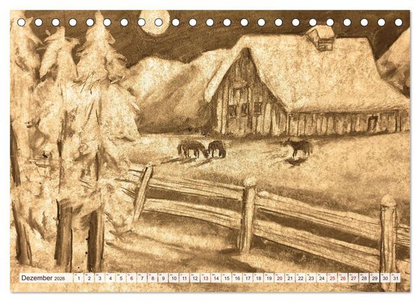 Produktbild: Pausen f&uuml;r deine Seele - Seelenlandschaften in Sepia - Ein Jahr der Ruhe mit Kohlezeichnungen (Tischkalender 2026 DIN A5 quer), CALVENDO Monatskalender