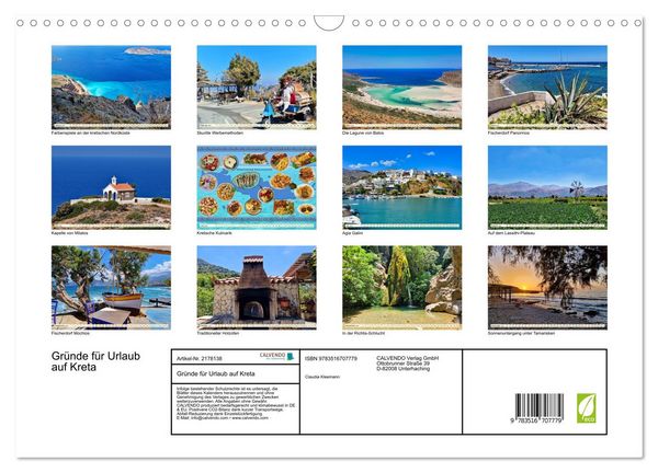 Produktbild: Gr&uuml;nde f&uuml;r Urlaub auf Kreta (Wandkalender 2026 DIN A3 quer), CALVENDO Monatskalender