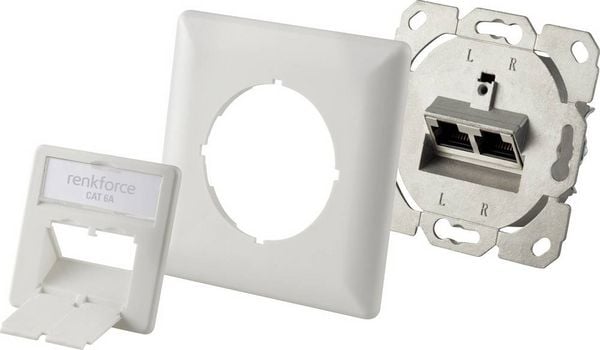 Produktbild: Renkforce Netzwerkdose Unterputz Einsatz mit Zentralplatte und Rahmen CAT 6a 2 Port Wei&szlig;