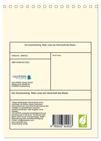 Produktbild: Der Drachenk&ouml;nig. Ritter unter der Herrschaft des Biests (Tischkalender 2026 DIN A5 hoch), CALVENDO Monatskalender