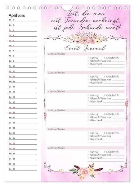 Produktbild: Geburtstagsplaner Boho Rosa - F&uuml;r Termine, Geschenke, Eventdetails & mehr (Wandkalender 2026 DIN A4 hoch), CALVENDO Monatskalender