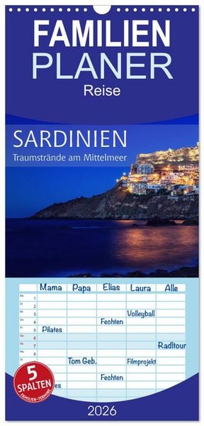 Produktbild: Familienplaner 2026 - Sardinien - Traumstr&auml;nde am Mittelmeer mit 5 Spalten (Wandkalender, 21 x 45 cm) CALVENDO