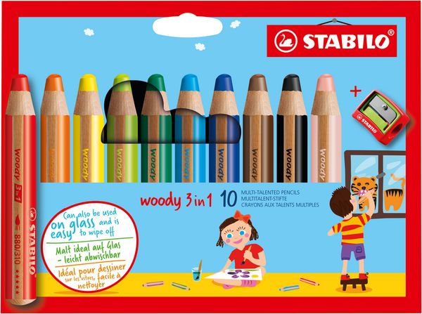 Produktbild: STABILO Buntstift, Wasserfarbe & Wachsmalkreide -  woody 3 in 1 - 10er Pack mit Spitzer - mit 10 verschiedenen Farben
