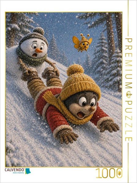 CALVENDO Puzzle Rutschpartie im Winterwald | 1000 Teile Lege-Größe 64 × 48 cm Foto-Puzzle für glückliche Stunden