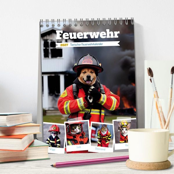 Produktbild: Feuerwehr - Tierischer Feuerwehrkalender (Tischkalender 2027 DIN A5 hoch), CALVENDO Monatskalender
